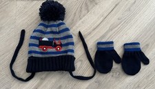Baby Boys Winter Pom Pom Bobble Hat With Gloves Navy And Grey Striped 0-12 Month
