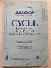 Raleigh Dealer 1973 Retail Price List Chopper 5 Sprint Commando RSW Team Record 