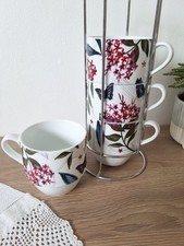 Sainsbury's Home Set of 4 Stacking Mugs Butterfly & Floral Design & Chrome Stand