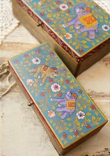 Set Of 2 Boxes Hand Painted Indian Good Luck Elephant Design Jewellery Trinkets
