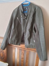 Primark Khaki Green Faux Leather Biker Jacket Size 16