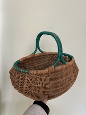 Vintage Rustic Wicker Basket with Green Plastic Weaved Detail and Handle