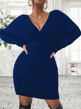 Plus Size V-Neck Backless Batwing Dress - Navy Blue Sweater Dress - Size 26/5XL