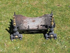 Large antique log basket fire grate cast iron, L-61cm with fire dogs