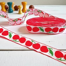 Red & White Cherry Ribbon 3.8m Jacquard Braid 2.5cm Wide Trim for Sewing Crafts