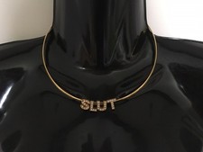 SLUT Solid Neck Band Necklace Jewellery Jewelry Sexy Hotwife Slut Fetish - Gold