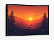STAG IN ORANGE SUNSET FOREST LANDSCAPE FLOAT EFFECT FRAME CANVAS ART PIC PRINT