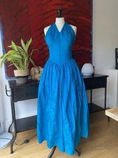 Vintage Halter Neck Blue Silk Taffeta Evening Ball Gown Dress –Full Skirt Formal