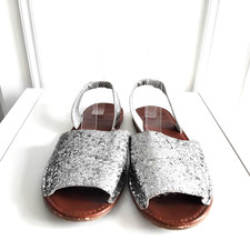 Sparkly silver glitter open toe sandals flats sling back party shoes Sz 7 /41