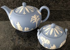 Wedgwood Blue Jasper Ware Large teapot & Lidded Sugar Bowl Neoclassical. Vintage