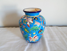 OLD LONGWY earthenware vase enamels on blue background floral decor