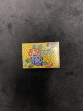 Vtg Cloisonné Match Box Enamel Brass Floral Design Yellow, Blue, Pink