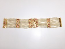 Vintage Faux Pearl & Gold Tone Bracelet with Red & White Stones