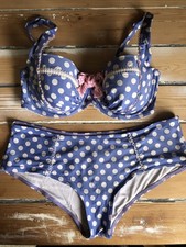 Floozie Frost French Bikini Size 12 Bottoms Size 34D Top Polka Dot Blue & White