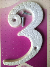 Number 3 Front Door House Number, White Plastic, 105mm x 68mm, with Screws