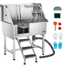 VEVOR 96.5cm Dog Grooming Bath Tub Stainless Steel with Stairs Faucet Left Door