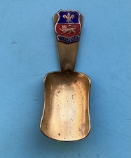 VINTAGE LANCASTER SOUVENIR BRASS TEA CADDY SPOON, ENAMEL TOWN CREST TOP