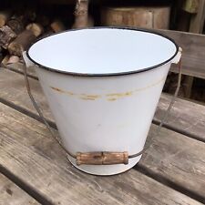 Old Vintage White Enamel Small Planter Bucket Paint Brush Holder Swing Handle