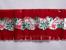 CHRISTMAS CAKE FRILL - RED / SILVER & HOLLY - 1 MTR