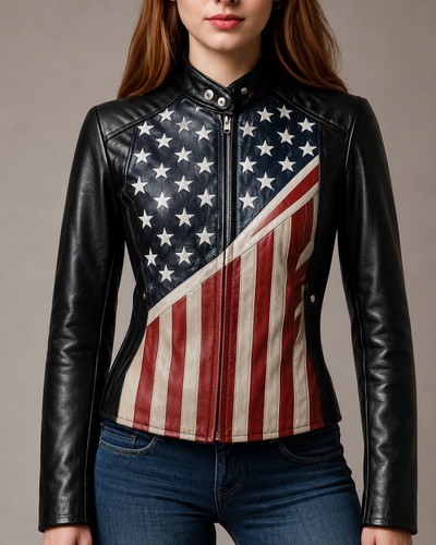 Women black leather biker - black,