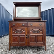 Antique Edwardian Oak Mirror Backed Carved Sideboard With Cupboards & Drawers