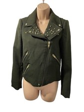 Womens Zara Dark Army Green Heavy Cropped Biker Studded Jacket Xs XSMALL