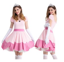 New Princess Peach Ladies Costume Pink Fancy Dress Cosplay Halloween Gaming Part