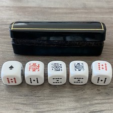 Vintage Poker Dice 5 Piece Set in Black Green Leather Gold Embossed Case Italy