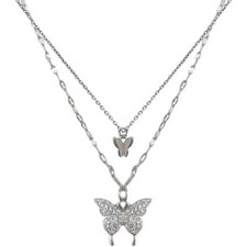 Shiny 925 Sterling Silver CZ Gem Butterfly Double Chain Necklace Women Girl Gift