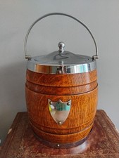 1940s Ceramic Lined Wooden Barrel Ice Bucket Handle Lid Silver Metal Shield