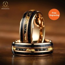 Men’s Rose Gold Wedding Band – Real Meteorite & Blue Sandstone Tungsten Ring UK