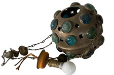 Vintage 1960s Moroccan Arts&Crafts Bejewelled Brass Hanging Ceiling Lamp Boho