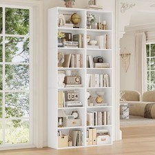 Tall Bookshelf 7 Tier Slim Shelving Unit Storage Rack for Living Room White Wood