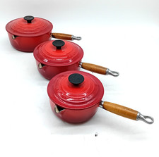 LE CREUSET PANS SET CAST IRON ENAMEL RED SET OF THREE LIDDED PANS