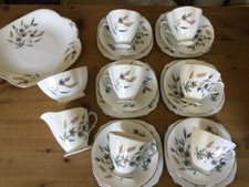 WINDSOR BONE CHINA CWS LTD TEA SET FOR 6 FLORAL GRASSES 1950'S TURQUOISE/SILVER