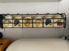 Vintage Baum Bros-Style Eyes Fruits Writing, Spice Jars with Original Metal Rack