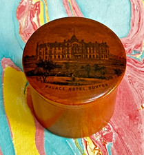 Antique 19th C. Mauchline Ware Round Treen Wooden Pot 'The Palace Hotel Buxton'
