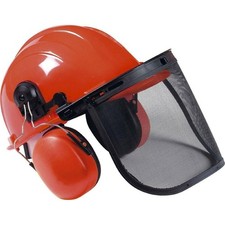 SGS Chainsaw/Strimmer Safety Helmet Red Hard Hat with Ear Defenders & Mesh Visor