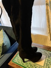 Black Suedette Over The Knee Boots Size 4 Platform High Heel Stretch Pull On  1
