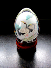 Vintage Chinese Japanese Reverse Painted Glass Egg on Stand CRANES TREES Stand K