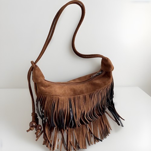 New tan brown fringed faux - brown,