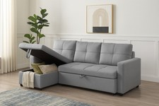 L-Shaped Sofa Bed with Storage Chaise – Pull-Out Sleeper Couch Grey Fabric