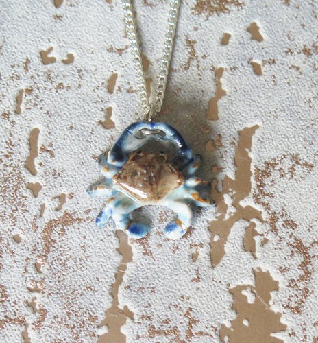 Blue crab porcelain pendant - blue,