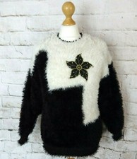 Vintage black and white applique flower teddy bear fluffy shaggy  S 8 10