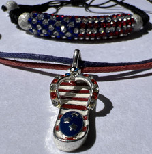 USA American Flag Bracelet & Avon Flip Flop Necklace Silver Tone US Jewelry Set
