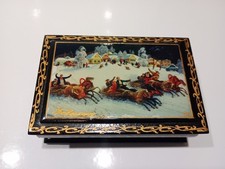 Fedoskino Russian Lacquer Box 1950s Hand Painted Troika Scene Signed Г.Б. USSR