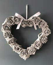 Wicker Heart Wreath 40cm Grey Foam Roses Shabby Chic Wall Door Decor