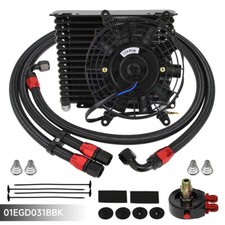Universal 15 Row AN10 Oil Cooler 32mm Filter Adapter Hose Kit +7" Electric Fan