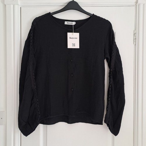 Black cotton lace trim blouse - black,