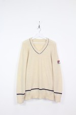 FILA OG 70'S VINTAGE WHITE LINE TENNIS WOOL JUMPER,RETRO,SIZE: LARGE